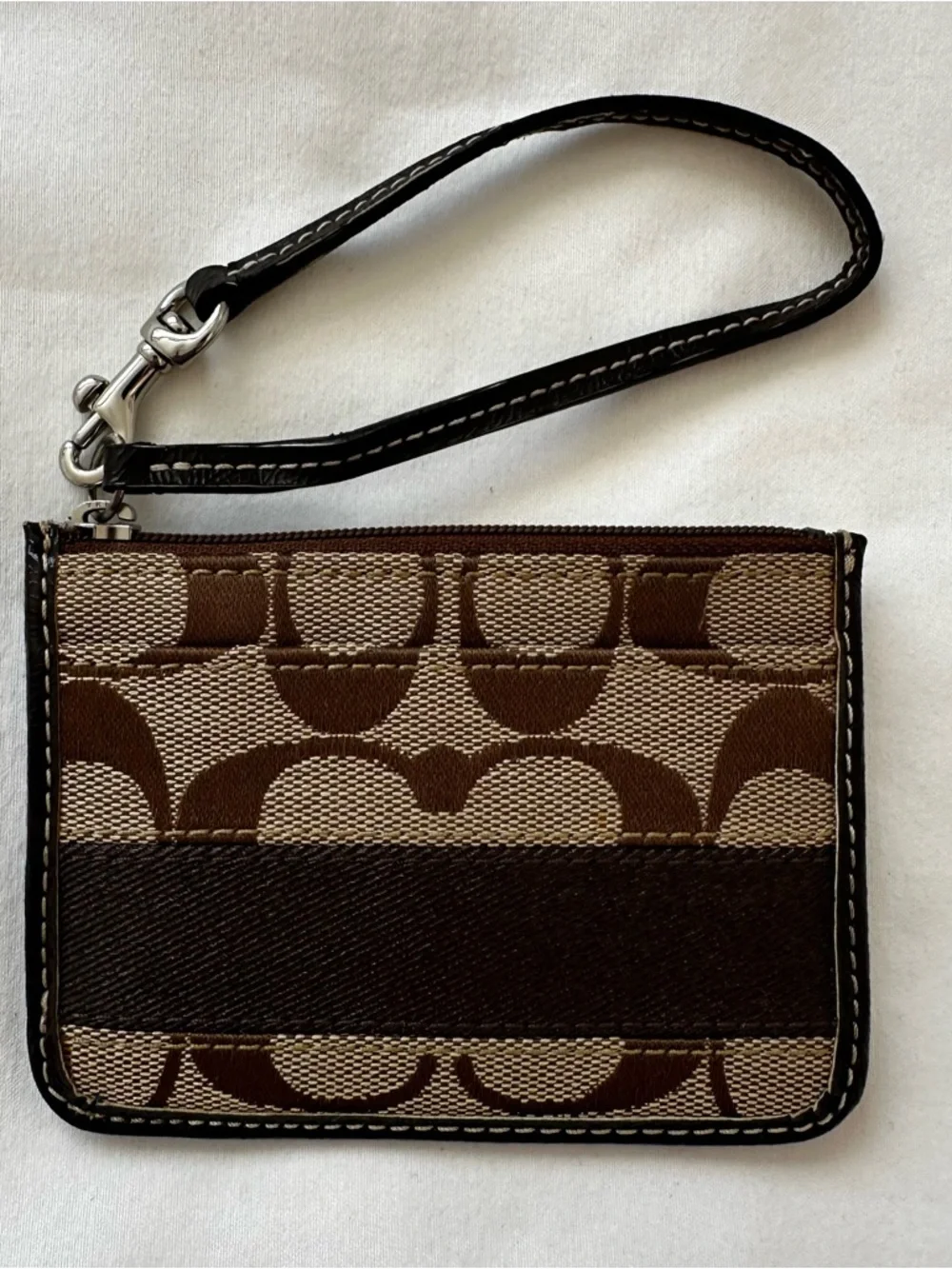 Coach Signature Brown Tan Mini Skinny Canvas ID Wristlet Cardholder